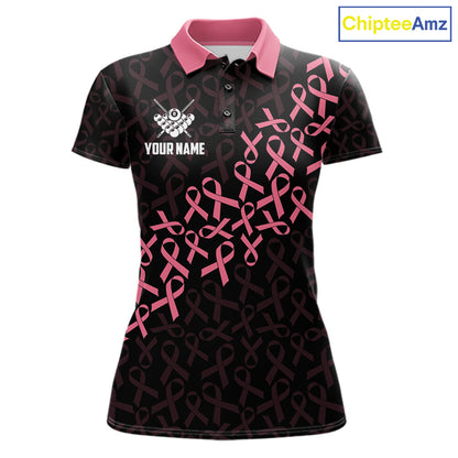 Pink Ribbons US Flag 8 Ball Breast Cancer Awareness Billiard Polo Shirt Featuring Patriotic American Flag Artwork for Pool League Players and Awareness Events