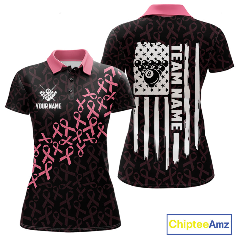Pink Ribbons US Flag 8 Ball Breast Cancer Awareness Billiard Polo Shirt Featuring Patriotic American Flag Artwork for Pool League Players and Awareness Events