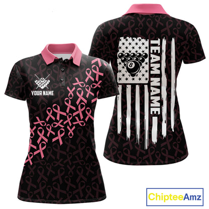 Pink Ribbons US Flag 8 Ball Breast Cancer Awareness Billiard Polo Shirt Featuring Patriotic American Flag Artwork for Pool League Players and Awareness Events
