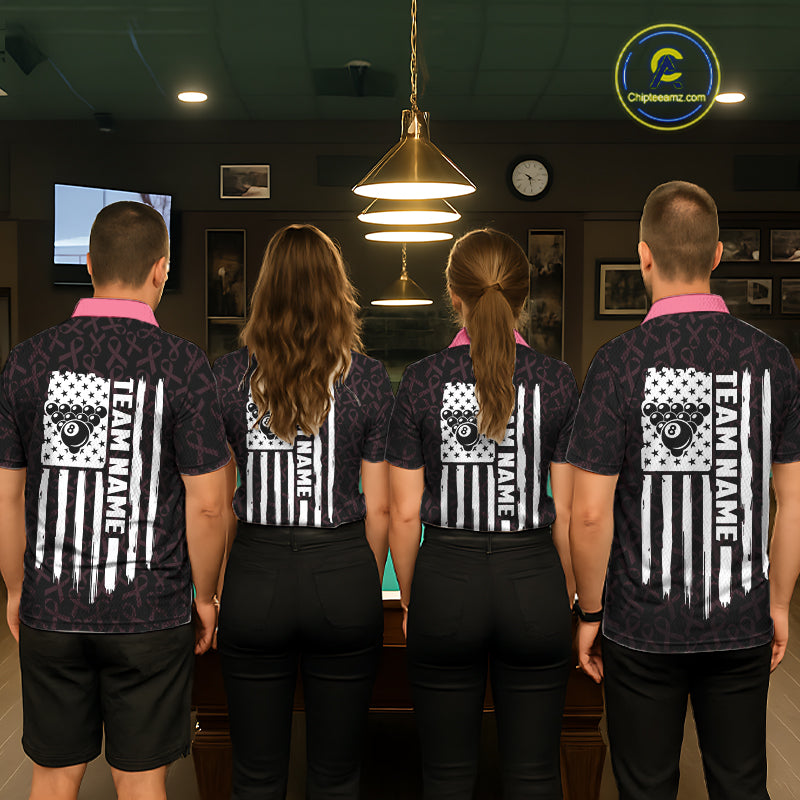 Pool Team Wearing Pink Ribbons US Flag 8 Ball Custom Billiard Team Jerseys Featuring the Complete Back Artwork, Back View