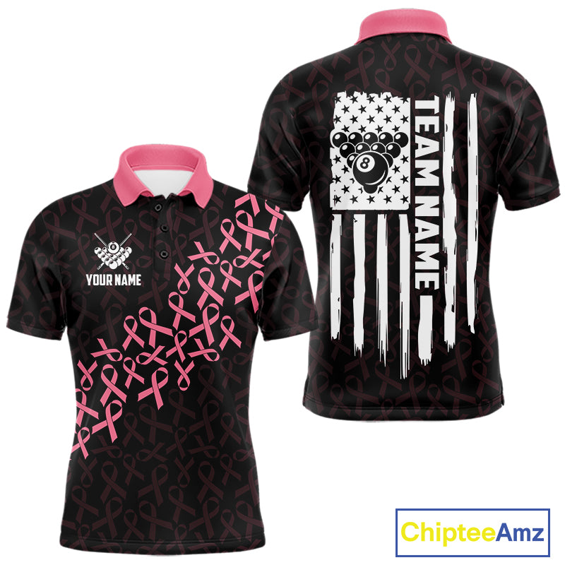 Pink Ribbons US Flag 8 Ball Breast Cancer Awareness Billiard Polo Shirt Featuring Patriotic American Flag Artwork for Pool League Players and Awareness Events