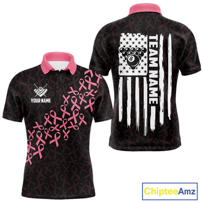 Pink Ribbons US Flag 8 Ball Breast Cancer Awareness Billiard Polo Shirt Featuring Patriotic American Flag Artwork for Pool League Players and Awareness Events