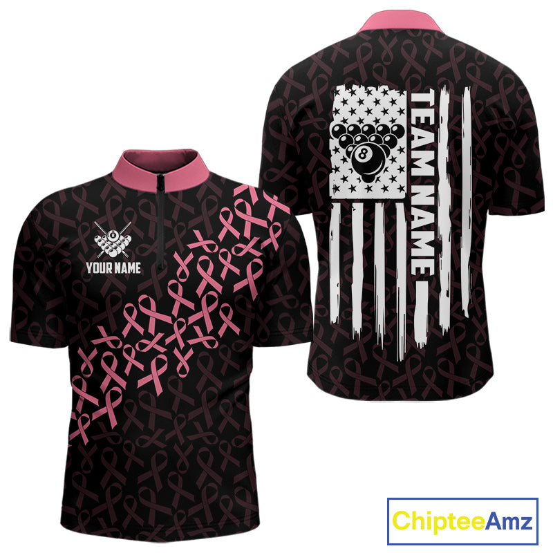 Pink Ribbons US Flag 8 Ball Quarter Zip Billiard Shirt Created for Pool League Teams with Performance Fabric and Tournament Ready Awareness Design