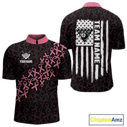 Pink Ribbons US Flag 8 Ball Quarter Zip Billiard Shirt Created for Pool League Teams with Performance Fabric and Tournament Ready Awareness Design