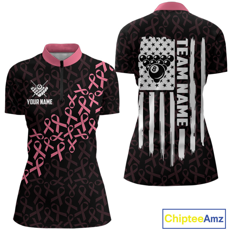 Pink Ribbons US Flag 8 Ball Quarter Zip Billiard Shirt Created for Pool League Teams with Performance Fabric and Tournament Ready Awareness Design