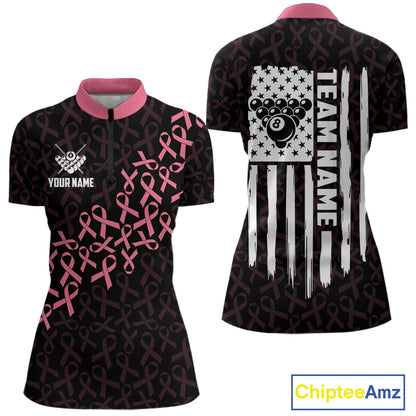 Pink Ribbons US Flag 8 Ball Quarter Zip Billiard Shirt Created for Pool League Teams with Performance Fabric and Tournament Ready Awareness Design