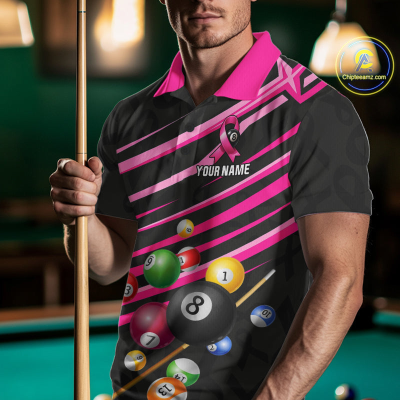 Man Wearing Personalized Pink Ribbon 8 Ball Breast Cancer Awareness Billiard Polo Shirt with Athletic Performance Fit and Inspirational Awareness Artwork, Front View