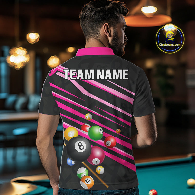Man Wearing Personalized Pink Ribbon 8 Ball Breast Cancer Awareness Custom Pool Team Jersey Featuring the Complete Rear Graphic Design, Back View