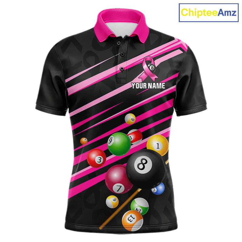 Personalized Pink Ribbon 8 Ball Breast Cancer Awareness Billiard Polo Shirt Featuring Inspirational Pink Ribbon Artwork for Pool League Players, Team Competition, and Awareness Events