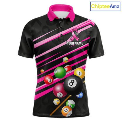 Personalized Pink Ribbon 8 Ball Breast Cancer Awareness Billiard Polo Shirt Featuring Inspirational Pink Ribbon Artwork for Pool League Players, Team Competition, and Awareness Events