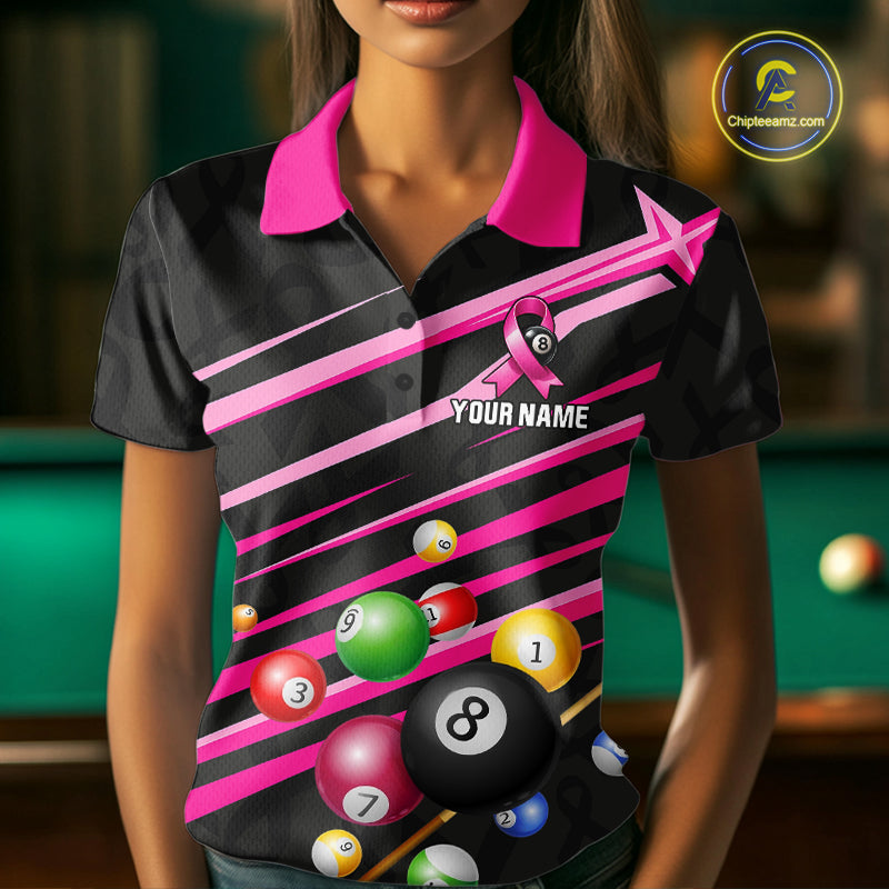 Woman Wearing Personalized Pink Ribbon 8 Ball Breast Cancer Awareness Billiard Polo Shirt with Athletic Performance Fit and Inspirational Awareness Artwork, Front View