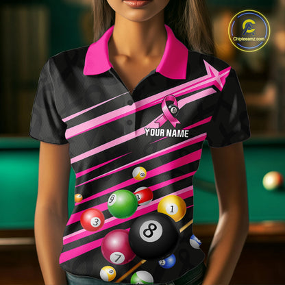 Woman Wearing Personalized Pink Ribbon 8 Ball Breast Cancer Awareness Billiard Polo Shirt with Athletic Performance Fit and Inspirational Awareness Artwork, Front View