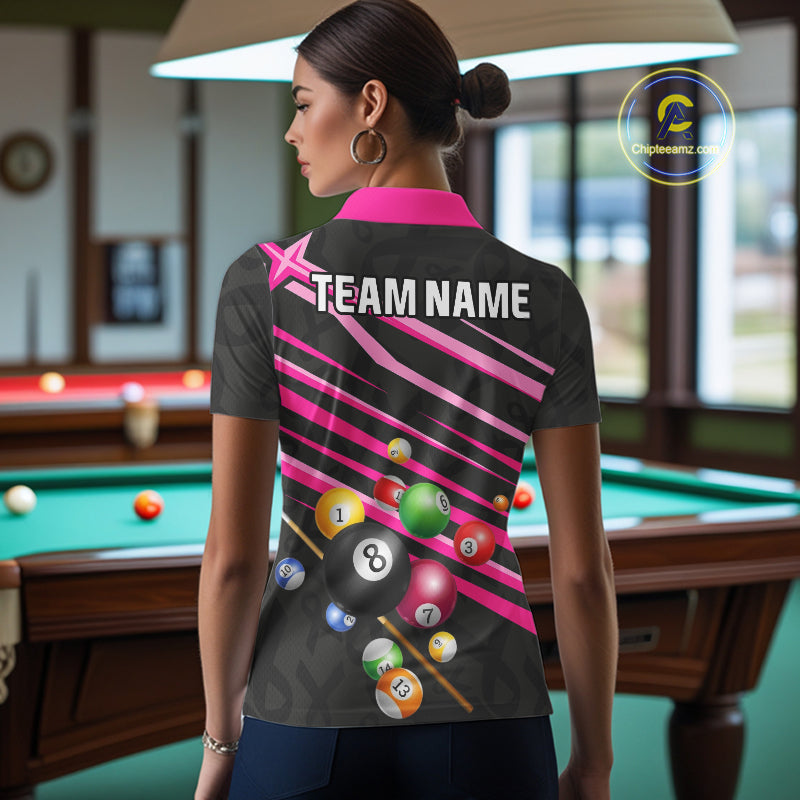 Woman Wearing Personalized Pink Ribbon 8 Ball Breast Cancer Awareness Custom Pool Team Jersey Featuring the Complete Rear Graphic Design, Back View