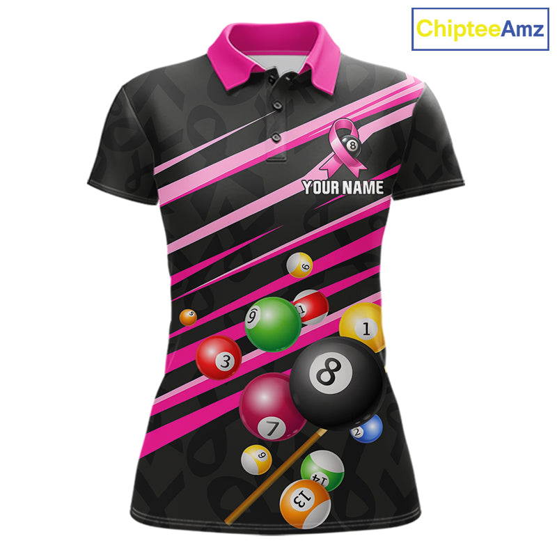Personalized Pink Ribbon 8 Ball Breast Cancer Awareness Billiard Polo Shirt Featuring Inspirational Pink Ribbon Artwork for Pool League Players, Team Competition, and Awareness Events