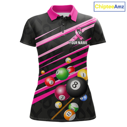 Personalized Pink Ribbon 8 Ball Breast Cancer Awareness Billiard Polo Shirt Featuring Inspirational Pink Ribbon Artwork for Pool League Players, Team Competition, and Awareness Events