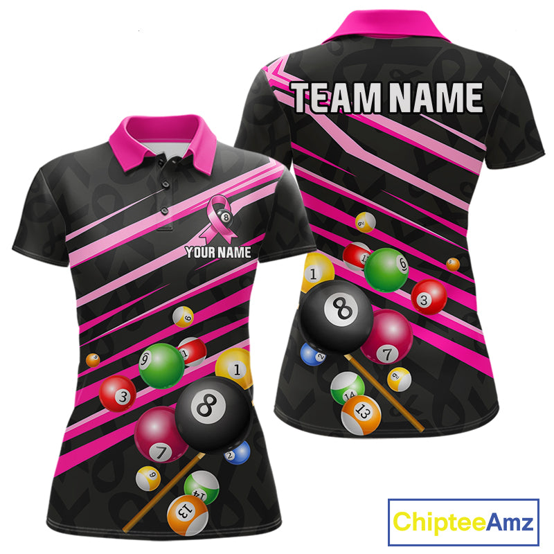 Custom Pink Ribbon 8 Ball Breast Cancer Awareness Pool Polo Shirt Designed for Personalized Billiard Team Jerseys with Premium Athletic Performance and Meaningful Support Design