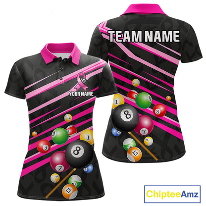 Custom Pink Ribbon 8 Ball Breast Cancer Awareness Pool Polo Shirt Designed for Personalized Billiard Team Jerseys with Premium Athletic Performance and Meaningful Support Design
