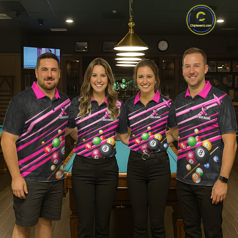 Pool Team Wearing Personalized Pink Ribbon 8 Ball Breast Cancer Awareness Billiard Jerseys During League Competition and Awareness Events, Front View