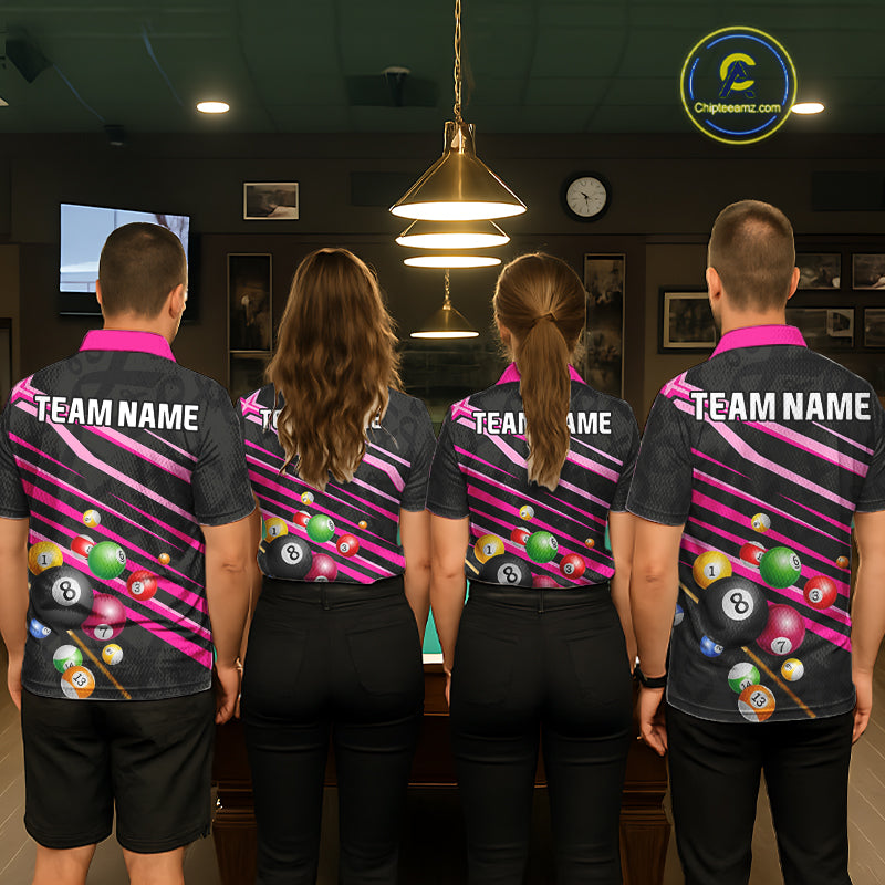 Pool Team Wearing Personalized Pink Ribbon 8 Ball Breast Cancer Awareness Custom Billiard Team Jerseys Featuring the Complete Back Artwork, Back View