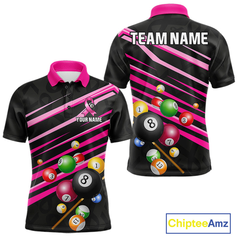 Custom Pink Ribbon 8 Ball Breast Cancer Awareness Pool Polo Shirt Designed for Personalized Billiard Team Jerseys with Premium Athletic Performance and Meaningful Support Design