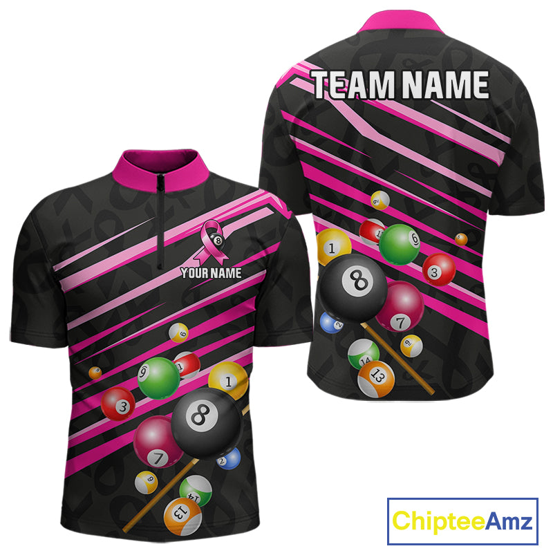Personalized Pink Ribbon 8 Ball Breast Cancer Awareness Quarter Zip Billiard Shirt Created for Pool League Teams with Performance Fabric and Tournament Ready Comfort