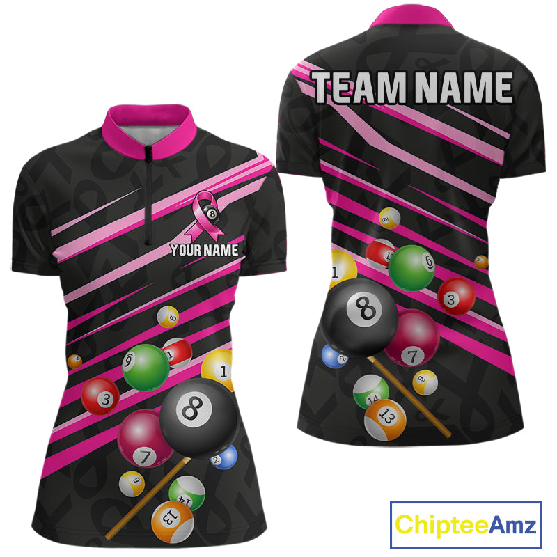 Personalized Pink Ribbon 8 Ball Breast Cancer Awareness Quarter Zip Billiard Shirt Created for Pool League Teams with Performance Fabric and Tournament Ready Comfort