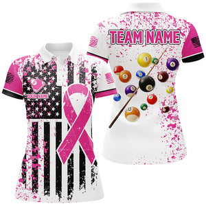 Pink Ribon White Grunge American Flag Custom Billiard Shirts For Women, Breast Cancer Billiard Jersey TDM2365