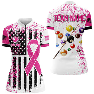 Pink Ribon White Grunge American Flag Custom Billiard Shirts For Women, Breast Cancer Billiard Jersey TDM2365