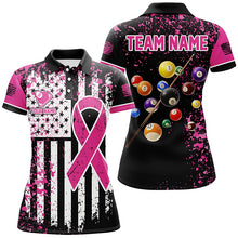 Load image into Gallery viewer, Pink Ribbon Black Grunge American Flag Custom Billiard Shirt For Women, Breast Cancer Billiard Jersey TDM2366