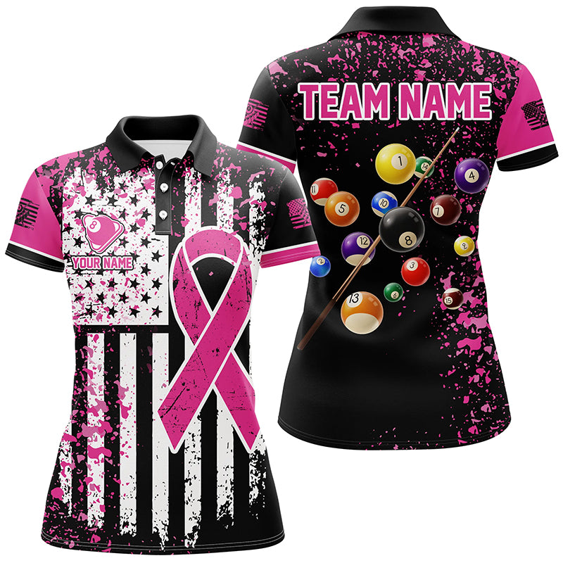 Pink Ribbon Black Grunge American Flag Custom Billiard Shirt For Women, Breast Cancer Billiard Jersey TDM2366