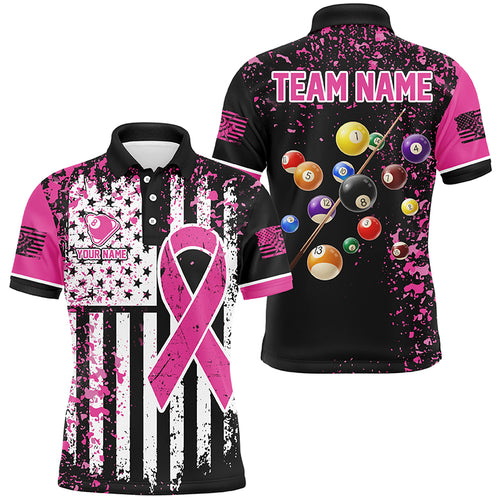 Pink Ribbon Black Grunge American Flag Custom Billiard Shirt For Men, Breast Cancer Billiard Jersey TDM2366