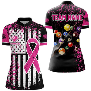 Pink Ribbon Black Grunge American Flag Custom Billiard Shirt For Women, Breast Cancer Billiard Jersey TDM2366