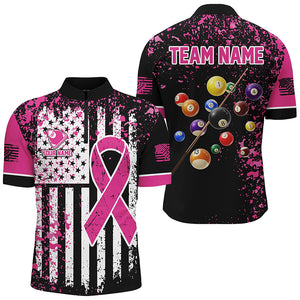 Pink Ribbon Black Grunge American Flag Custom Billiard Shirt For Men, Breast Cancer Billiard Jersey TDM2366