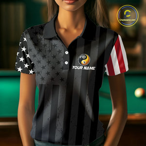Black US Flag Yin-Yang 8 Ball & 9 Ball Custom Billiard Shirts For Women Funny Billiard Jerseys TDM4683