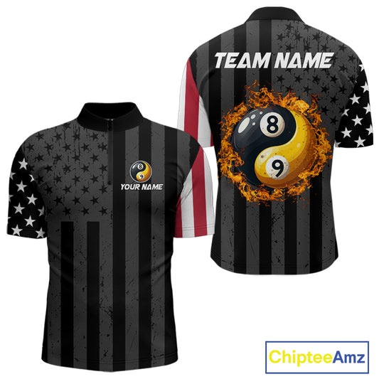 Black US Flag Yin-Yang 8 Ball & 9 Ball Custom Billiard Shirts For Men Funny Billiard Jerseys TDM4683