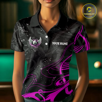 Personalized Black And Purple 8 Ball Wings Billiard Shirt For Women Custom Tribal Pool Team Jersey TDM4685