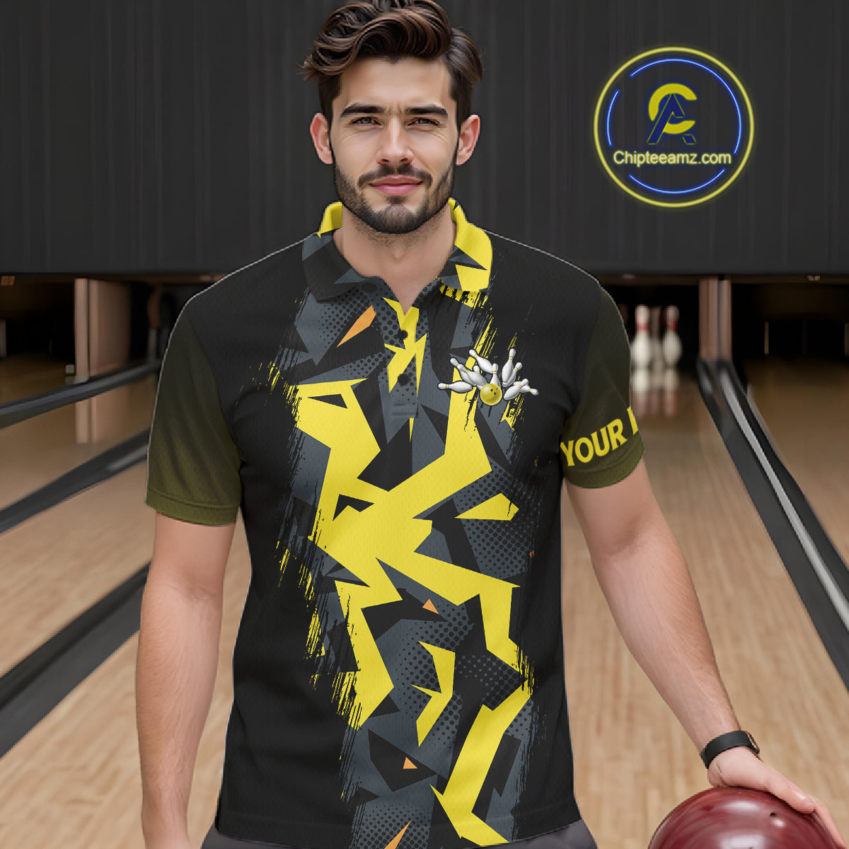 Personalized Black And Yellow Bowling Jersey Polo & 1/4 Zip For Men, Bowling League Team Shirts TDM7365