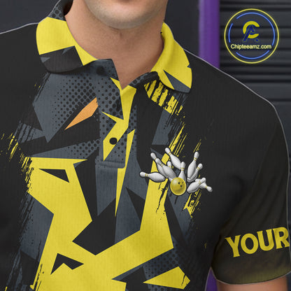 Personalized Black And Yellow Bowling Jersey Polo & 1/4 Zip For Men, Bowling League Team Shirts TDM7365