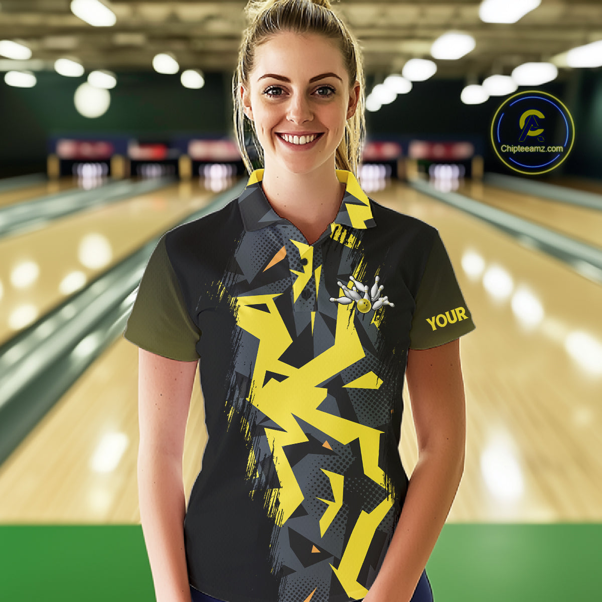 Personalized Black And Yellow Bowling Jersey Polo & 1/4 Zip For Women, Bowling League Team Shirts TDM7365