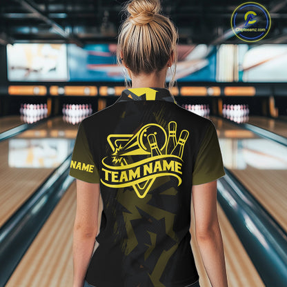 Personalized Black And Yellow Bowling Jersey Polo & 1/4 Zip For Women, Bowling League Team Shirts TDM7365