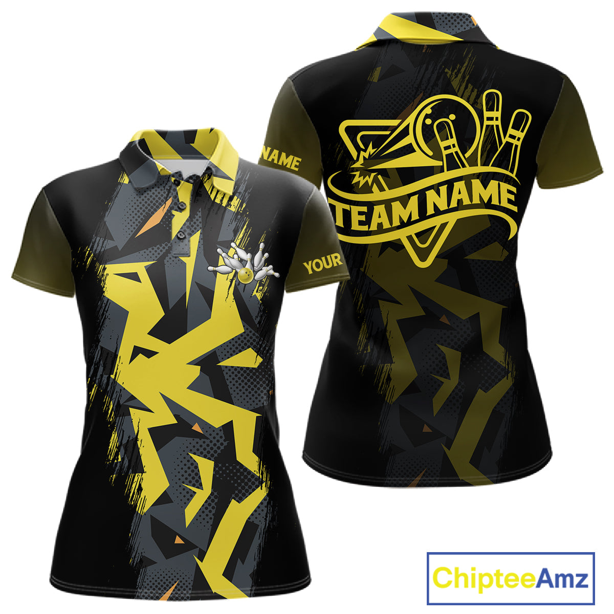 Personalized Black And Yellow Bowling Jersey Polo & 1/4 Zip For Women, Bowling League Team Shirts TDM7365