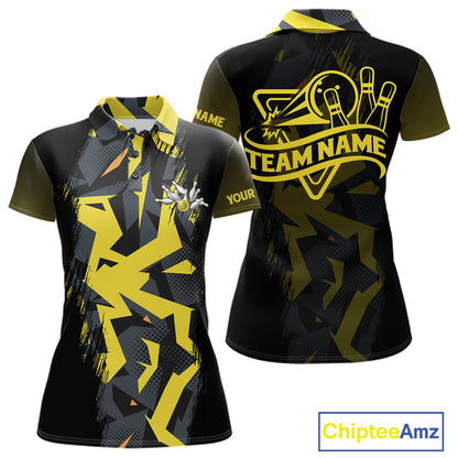 Personalized Black And Yellow Bowling Jersey Polo & 1/4 Zip For Women, Bowling League Team Shirts TDM7365