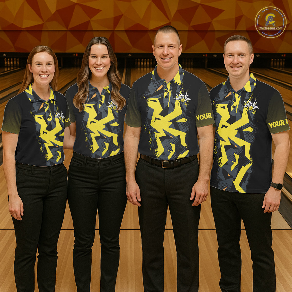 Personalized Black And Yellow Bowling Jersey Polo & 1/4 Zip For Men, Bowling League Team Shirts TDM7365