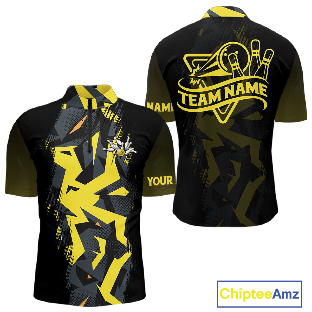 Personalized Black And Yellow Bowling Jersey Polo & 1/4 Zip For Men, Bowling League Team Shirts TDM7365