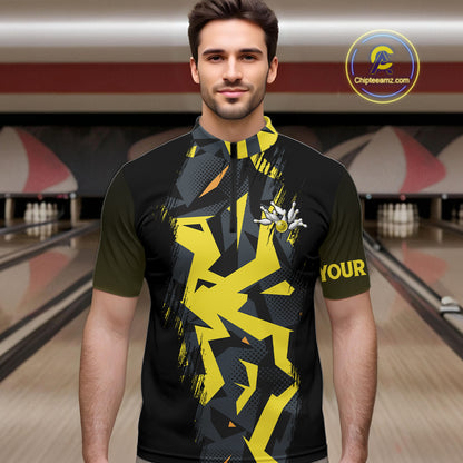 Personalized Black And Yellow Bowling Jersey Polo & 1/4 Zip For Men, Bowling League Team Shirts TDM7365