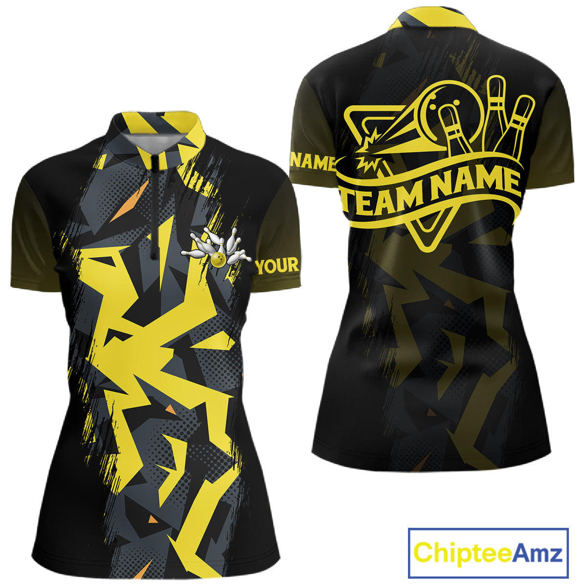 Personalized Black And Yellow Bowling Jersey Polo & 1/4 Zip For Women, Bowling League Team Shirts TDM7365