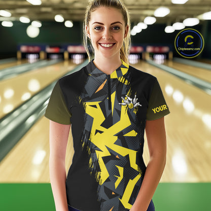 Personalized Black And Yellow Bowling Jersey Polo & 1/4 Zip For Women, Bowling League Team Shirts TDM7365