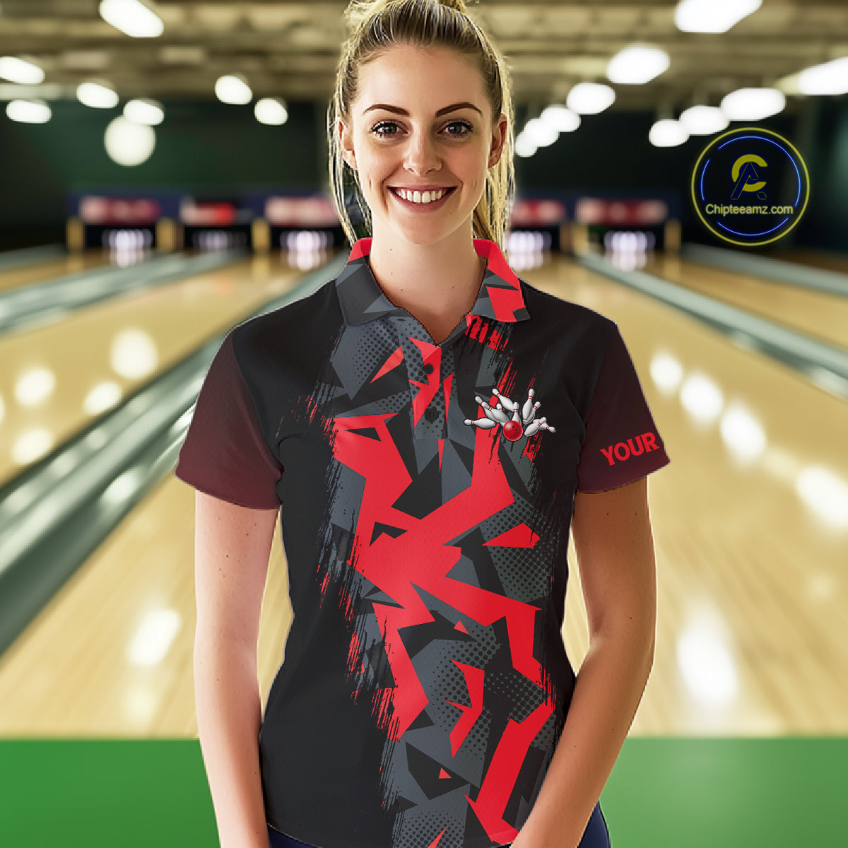 Personalized Black And Red Bowling Jersey Polo & 1/4 Zip For Women Custom Bowling League Team Shirt TDM7366
