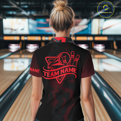 Personalized Black And Red Bowling Jersey Polo & 1/4 Zip For Women Custom Bowling League Team Shirt TDM7366