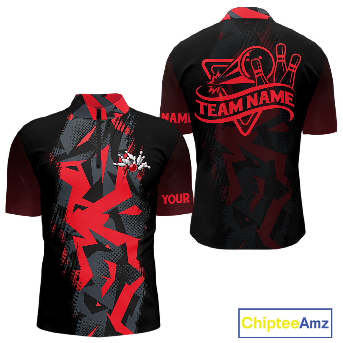 Personalized Black And Red Bowling Jersey Polo & 1/4 Zip For Men Custom Bowling League Team Shirt TDM7366